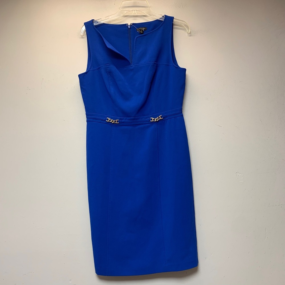 Ann Taylor Sheath Dress Women 4 Royal Blue New Gold Chain Accent Notched Neck